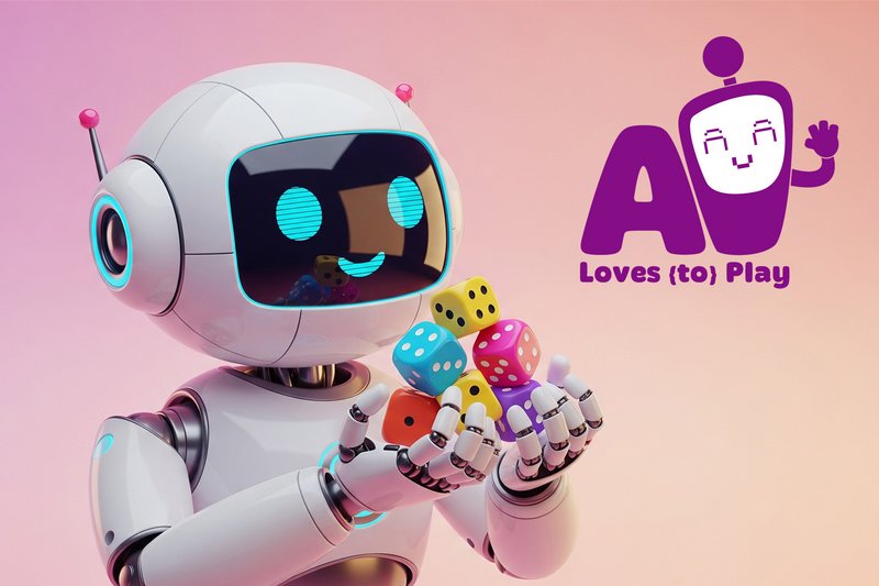 Ein KI Roboter mit Würfeln in der Hand.